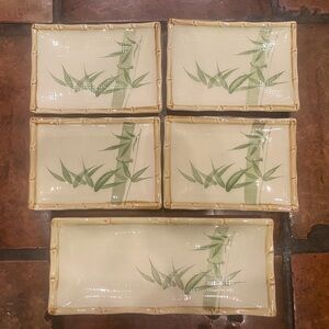 Japan porcelain rectangular sushi serving plates painted green bamboo decor